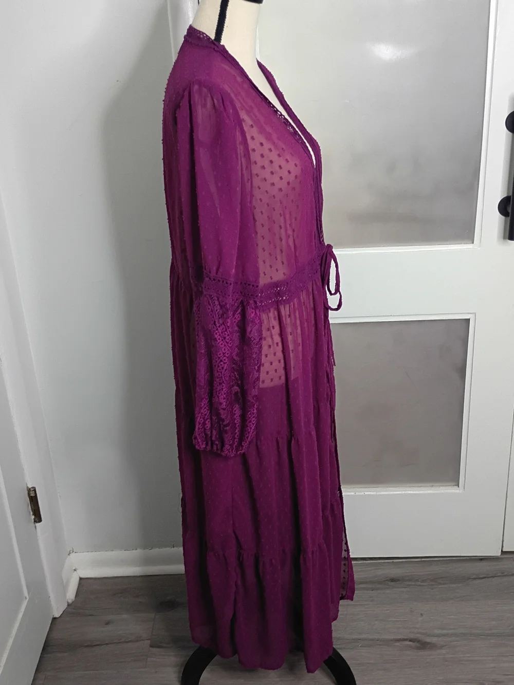 Torrid Sheer Plum Dotted Lace Sleeve Boho Maxi Duster with Tie Front, Size 2 - Picture 2 of 9